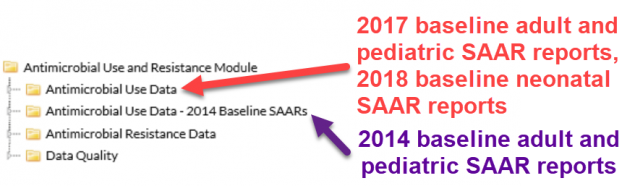 Find the 2017 baseline adult and pediatric SAAR reports and 2018 baseline neonatal SAAR reports in the Antimicrobial Use Data subfolder. Find the 2014 baseline adult and pediatric SAAR reports in the Antimicrobial Use Data - 2014 Baseline SAARs subfolder.