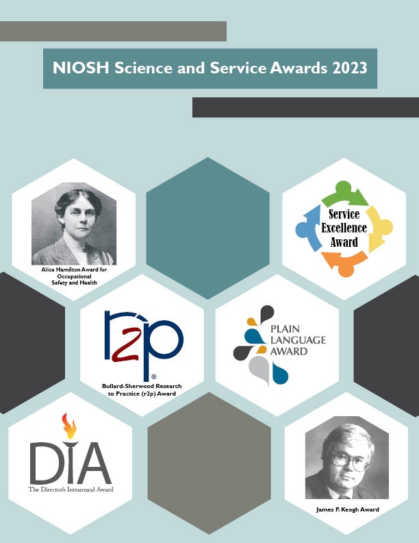 Cover of the 2023 NIOSH Science and Service Awards booklet showing the various award logos