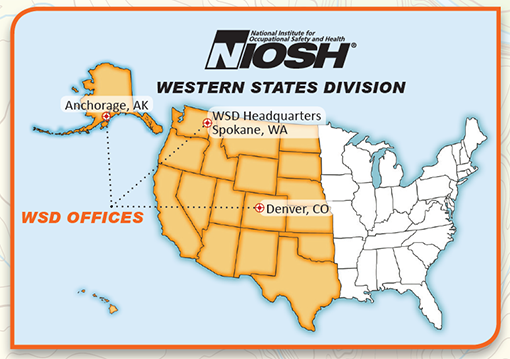 Graphic illustration showing the United States and areas NIOSH's Western States Division covers (including Alaska and Hawaii.)