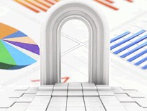 Illustration of an arch with data graphs behind it