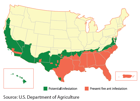 Map of US depicting potential ranges of fire ant infestation