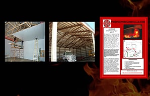 Image on left shows the installation of a pan ceiling, the image in the center shows a commercial building without a pan ceiling, and on the far right is a poster produced by Chief Billy Goldfeder based on a fire fighter investigation report