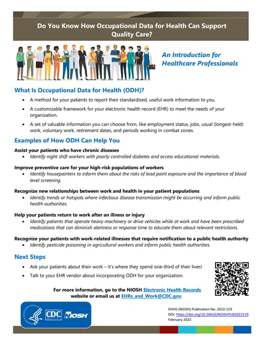 Publication 2022-119, This fact sheet is an introduction to occupational data for health for healthcare professionals.