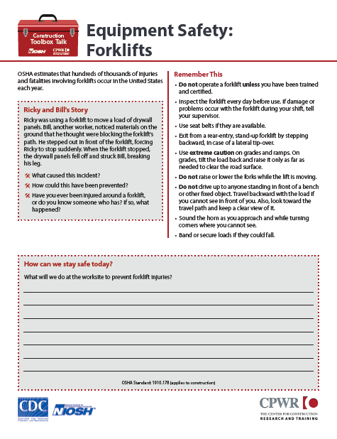 Construction Toolbox Talk: Equipment Safety: Forklifts | Publications | CDC