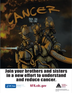 Illustration of three firefighters putting out a fire containing the word cancer. The first firefighter is holding a small fire line. The other two are holding a larger fire line with the words national firefighter registry and saying here, use this line!