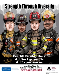 Illustration of four fighters linking arms. Two are men, and two are women. The firefighters are racially diverse. Text reads Strength through Diversity. For all firefighters. All backgrounds. All experiences.