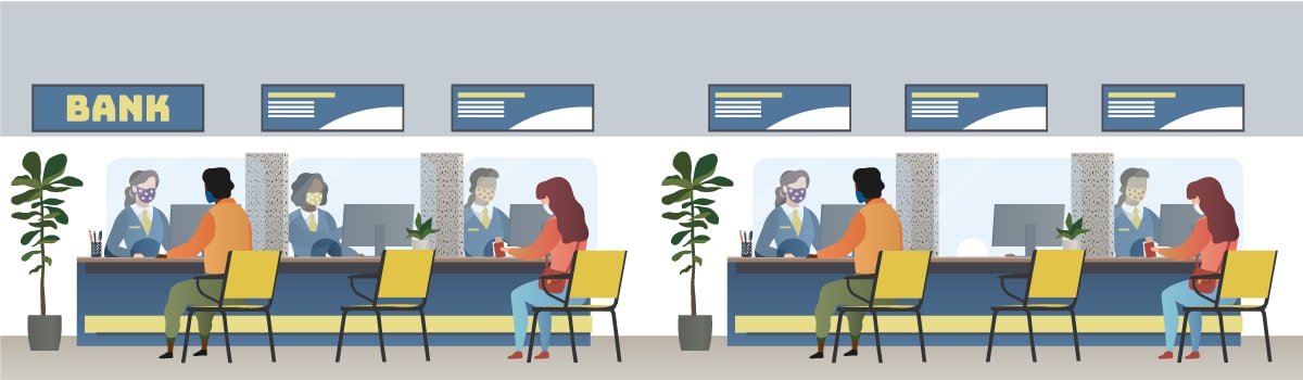 illustration of bank teller windows with customers
