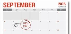 Calendar showing September 2016, with the 6th circled in red and the words "N95 Day!"