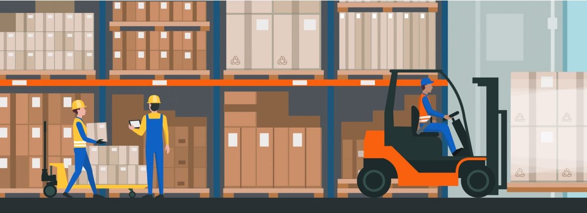 Workers moving boxes in a warehouse with a forklift