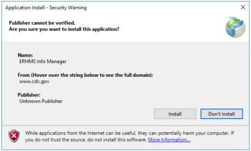 Installation prompt, warning the user that the publisher cannot be verified. The prompt asks if it is okay to install the application.