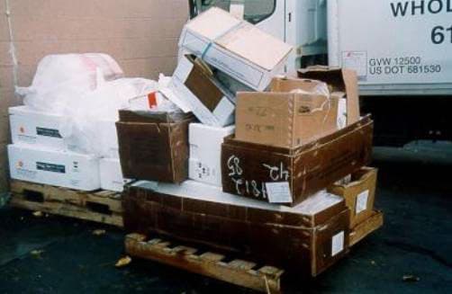 photo of wooden pallet loaded  with empty cardboard boxes similar to the load at the time of hte incident