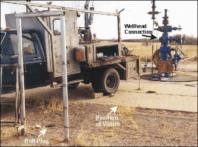 Position of victim in relation to the wellhead and location of bull plug after it flew out of the wellhead and struck the victim
