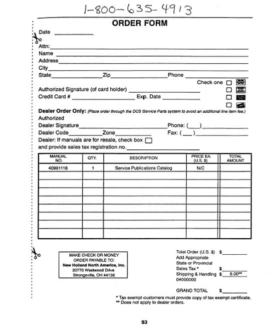 Example of an order form for a specific tractor/equipment operator's manual. Dealers can provide specific details for your piece of equipment.