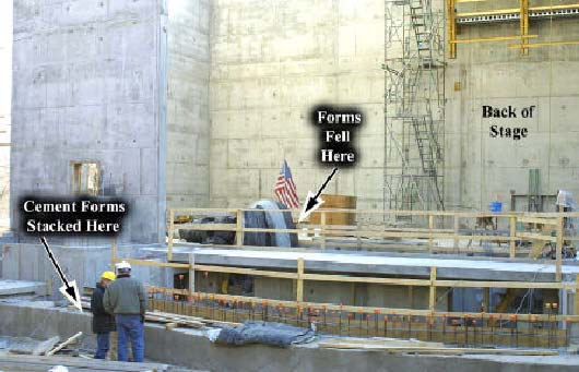 Photo 2 -- View from inside auditorium showing area where cement forms were stacked, and where they fell.