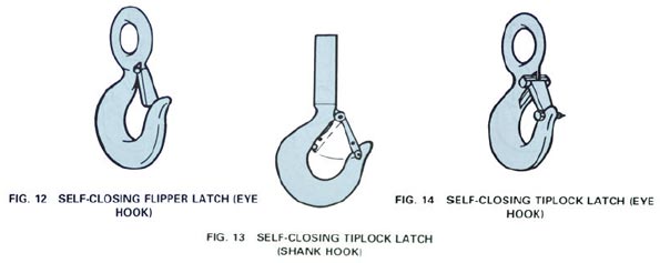 Figure 12 - self-closing flipper latch (eye hook), figure 13 - self-closing tiplock latch (shank hook), and figure 13 - self-closing tiplock latch (eye hook)