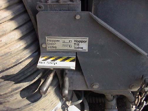 Figure 3a. Hopper control levers and “No Step” warning on top of safety plate.