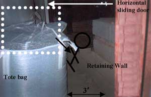 Figure 1. Tote bag storage, retaining wall and horizontal sliding bay door.
