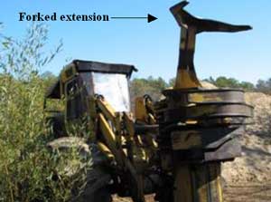 Figure 6. Forked extension to prevent cut tree from falling backwards onto operator&rsquo;s cab.