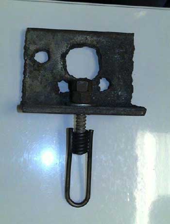 Attachment 7. New threaded insert with bolt attached to lifting device. Bolt &amp; angle iron piece are from accident.