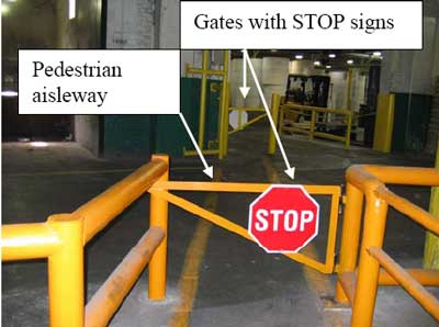 Gates with stop signs and pedestrian aisleway