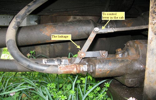 The mechanical linkage located underneath the truck frame.