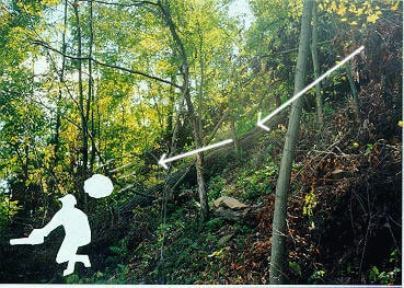 slope and approximate position of victim when hit with boulder