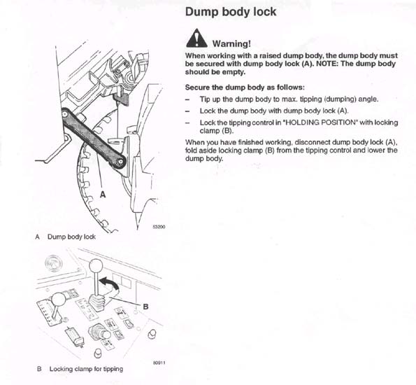 Correct procedure for securing dump body lock. Figure used with permission of equipment dealer and is on page 118 of operator's manual.