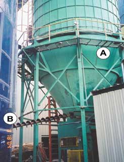Hopper-bottomed silo model stored and transferred sawdust. Flat-bottomed silo with partially disassembled transfer unloader auger.