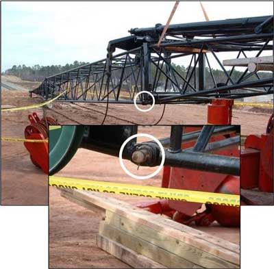 Close up of location where the victim was struck by the boom. An insert shows larger illustration of the pin.