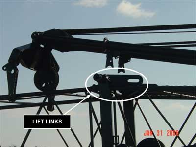 Lift links that are used to secure the mast and the boom on booms 80 feet and under