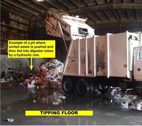 sorted waste pushed into digester pit