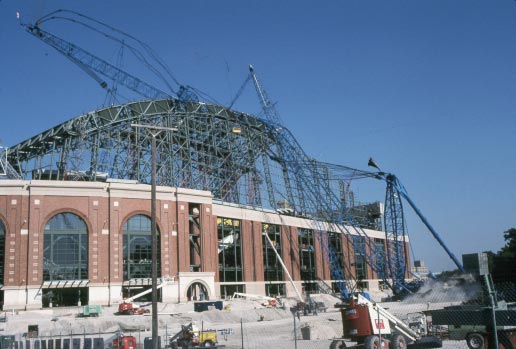 heavy-lift crane during tip-over at stadium