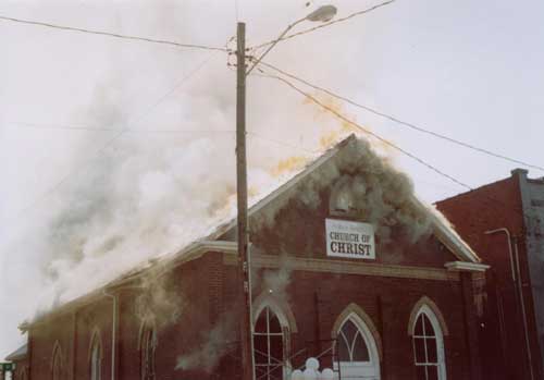 Photo 1. Church fire showing before collapse of roof and facade.