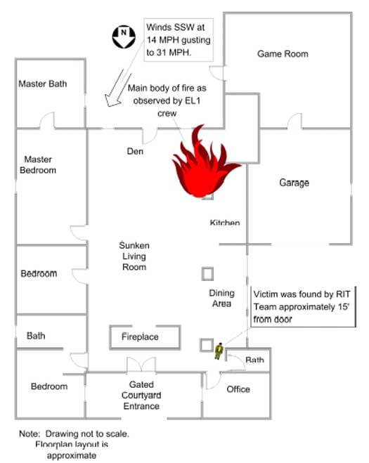 Diagram 1. Depicts the overall floor plan of the structure, and where the victim was located.