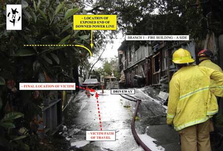 Photo 3. Incident scene, showing fire fighters  and location of downed powerline.