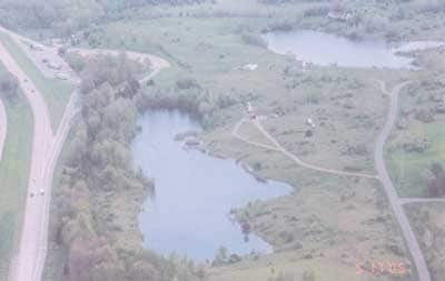 Ariel view of incident site showing lake at quarry.
