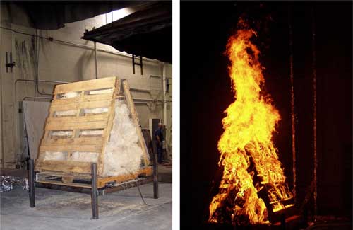 Pallets stacked and stuffed with hay, non-burning and burning