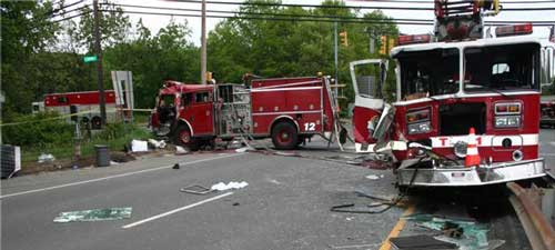 Two wrecked fire trucks