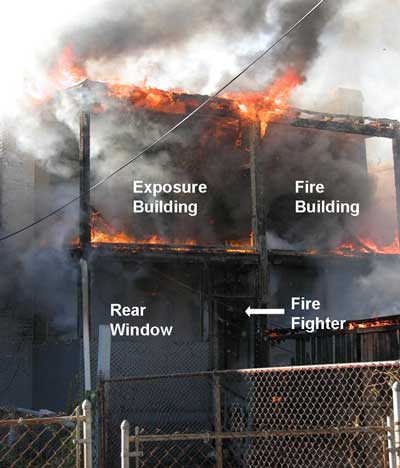 Structure noting the exposure building, fire builiding, rear window, and fire fighter
