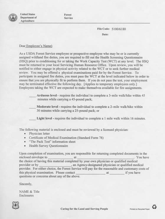 Attachment 1. Page 1. US Dept of Ag letter to Employer for Forest Service requirements to fill Health Screening Questionnaire before conditioning for Work Capacity Test