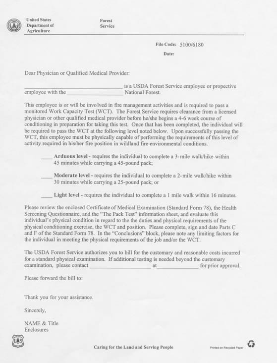 Attachment 1. Page 2. US Dept of Ag letter to Employer for Forest Service requirements to fill Health Screening Questionnaire before conditioning for Work Capacity Test