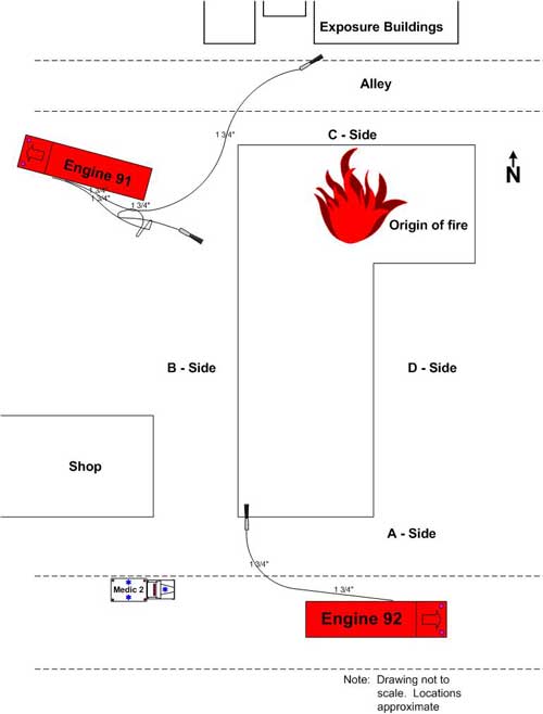 Drawing of truck locations and origin of fire.