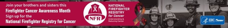 Four firefighters backlit by lights from emergency vehicles. There is a red box containing the text Answer the call this Firefighter Cancer Awareness Month. Join the National Firefighter Registry for Cancer. There is a ribbon promoting Firefighter Cancer Awareness Month in the lower right.