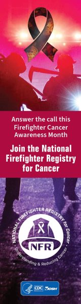 Red banner with the NFR logo and a ribbon promoting Firefighter Cancer Awareness Month, and text stating Answer the call this Firefighter Cancer Awareness Month. Join the National Firefighter Registry for Cancer.