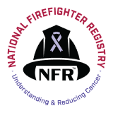 Logo for the National Firefighter Registry, featuring a firefighter helmet and cancer awareness ribbon