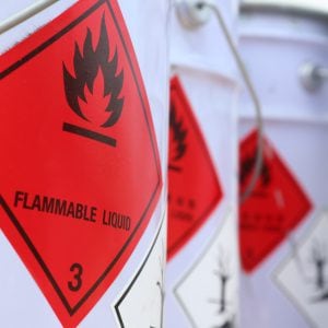 Containers labeled flammable liquid 3 on them.