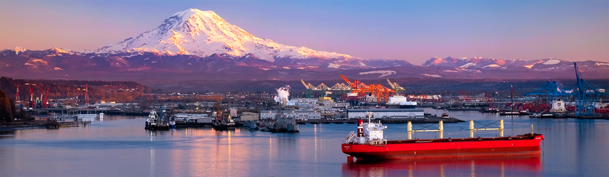 Sunset Illuminates Mt Rainier, ships and the Port of Tacoma.