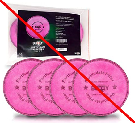 Filter packaging and four filters outside of packaging that misrepresent a NIOSH approval
