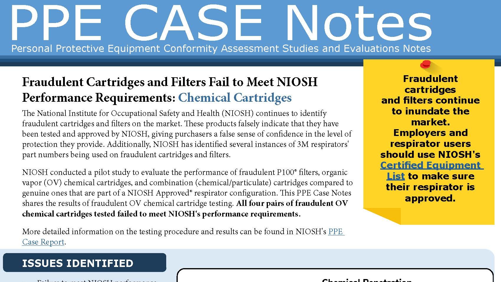 Image of the report titled, Fraudulent Cartridges and Filters Fail to Meet NIOSH Performance Requirements: Chemical Cartridges