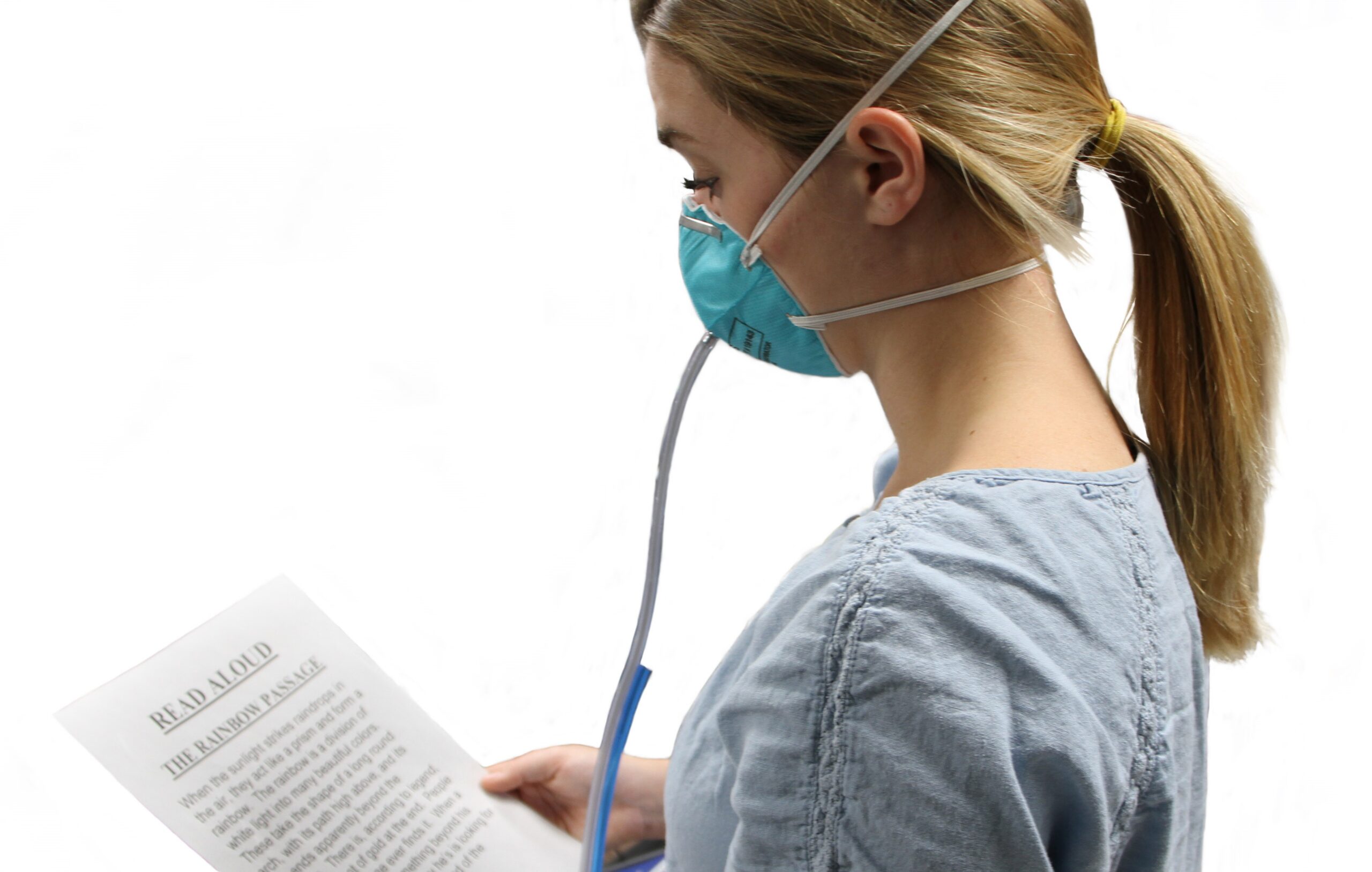 An individual reading the &lsquo;Rainbow Passage&rsquo; during a respirator fit test. Photo from NIOSH